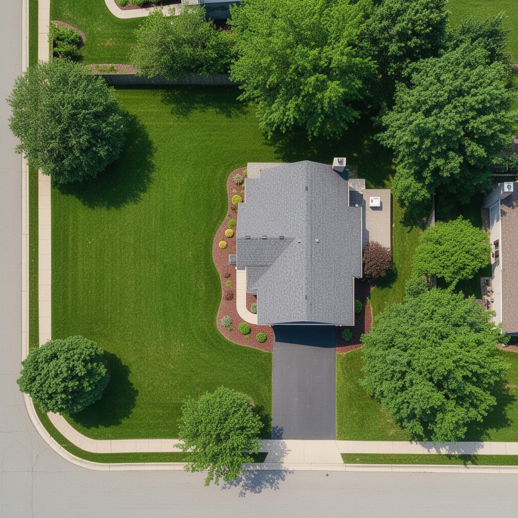 Satellite view of a residential property with a large lawn